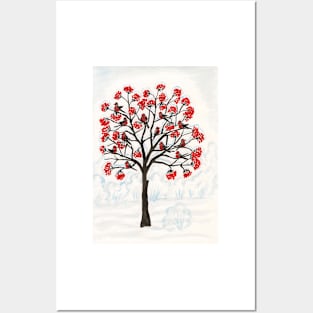 Bullfinches on rowan tree Posters and Art